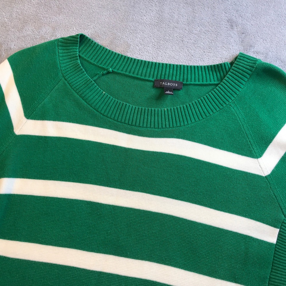 Talbots Green White Striped Side Button Cotton Blend Sweater Womens Large Preppy - Picture 4 of 16